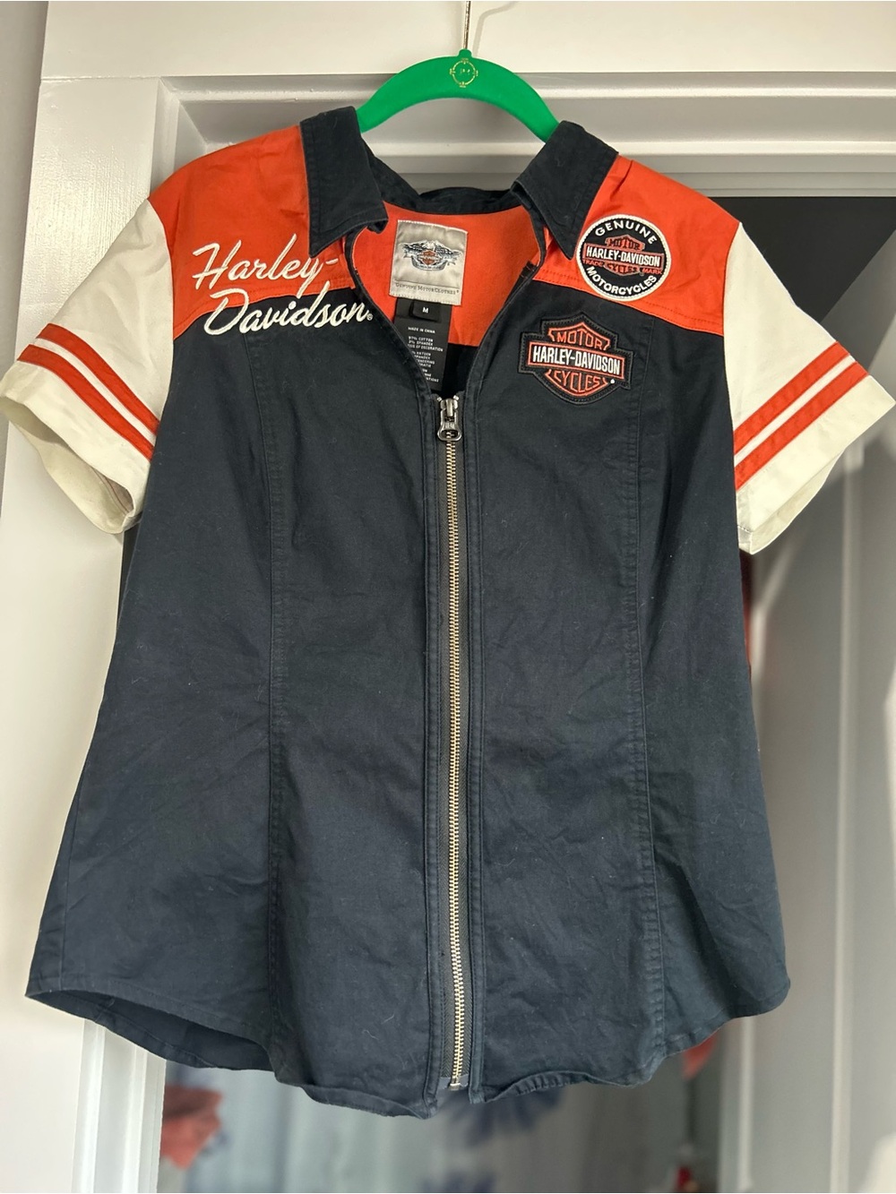 Harley-Davidson Navy, Orange & White Short-Sleeve Zip Front Shirt